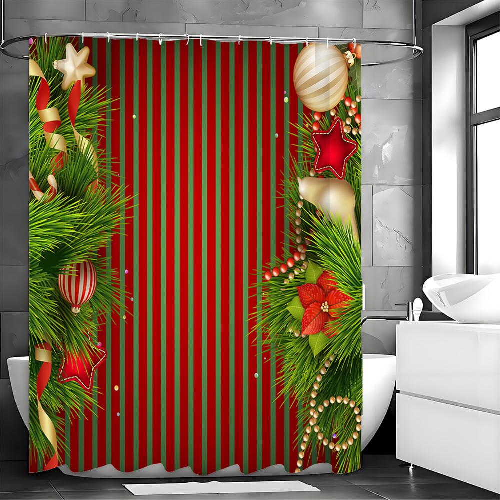Christmas Bells Red Shower Curtain, Bathroom Decorative Shower Curtain, Waterproof Shower Curtain with Hooks