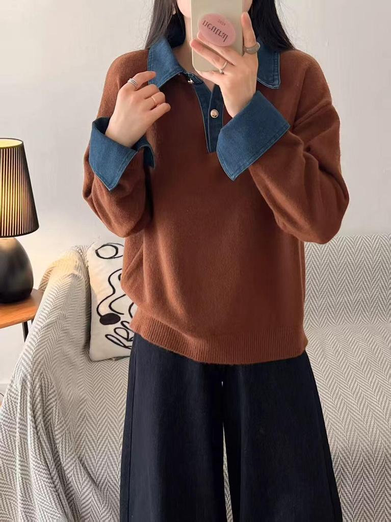 Women's Loose Denim Sleeve Patchwork Sweater - Autumn/Winter Knitwear Fashion