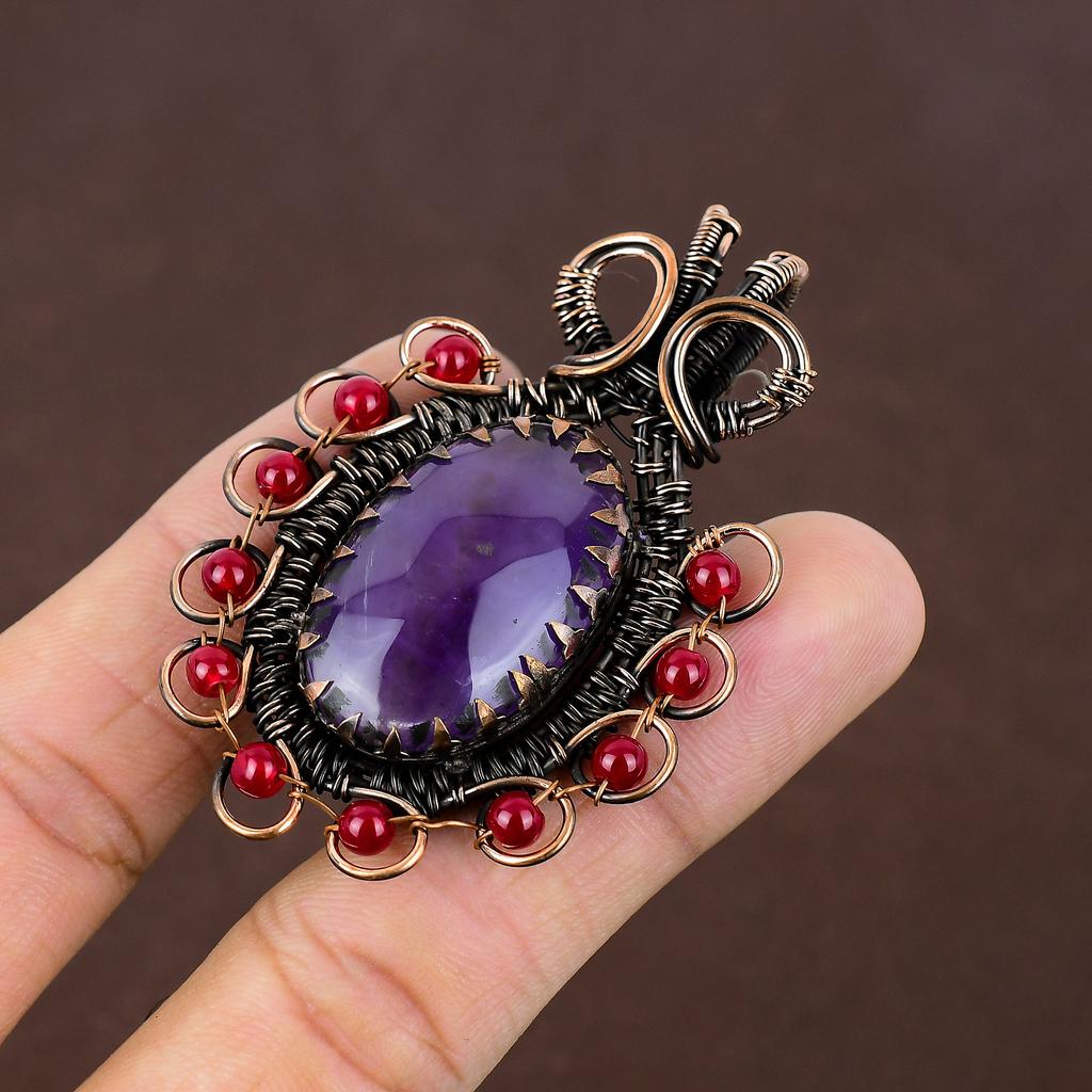 Natural Amethyst, Garnet Gemstone Handmade Copper Wire Wrap Pendant 2.56" E3H41