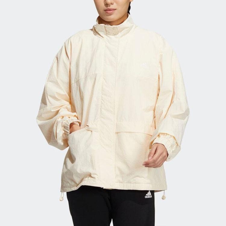 adidas Einfarbig gestreifte Langarm-Freizeitjacke mit Stehkragen für Damen, Jacken Beige HM2805