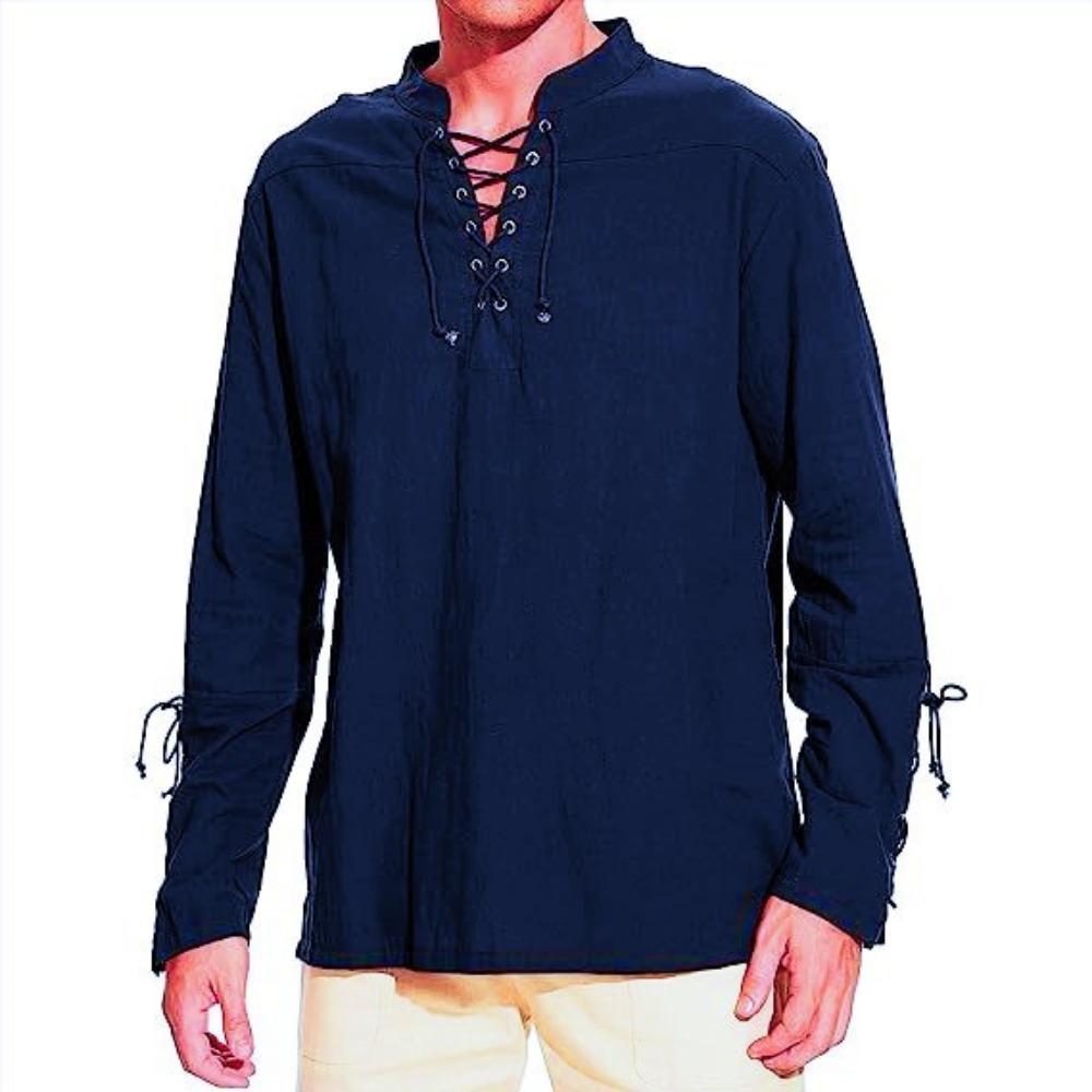 Herren Leinenhemden Langarm Schnürung V-Ausschnitt Freizeitbluse Frühling Sommer Dünn Vorne T-Shirts Tops Atmungsaktive Herrenbekleidung