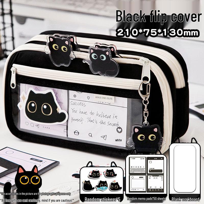 2025 New Little Black Cat Transparent Pencil Case for Girls - Trendy Stationery Box for Elementary, Middle, and High School Students