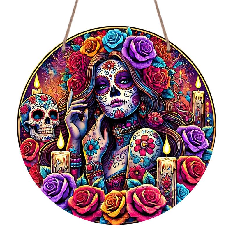 2D Flat, 1pc Round Aluminum Plaque, Dia de Muertos Sugar Skull Catrina La Calavera Catrina Art, Vibrant Mexican Day of the Dead Metal Wall Decor for 7.87×7.87inch
