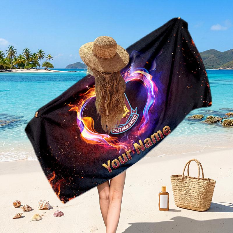 West Ham United Football Custom Beach Towel, Personalized Name Text Print, Football Logo Soft Quick‑Dry Towel Holiday Gift