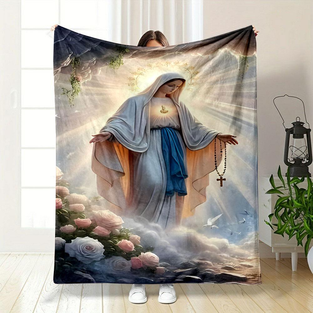 Blessed Mother Rosary Floral Throw Blanket Printed Blanket for Living Room Bed Couch lunch break Soft Cozy Blanket for Friend's festival Gift