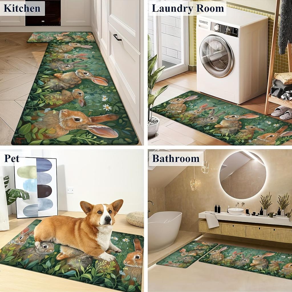 1Pcs Anti Fatigue Kitchen Rugs Rabbit Print Waterproof Non-Slip Thick Cushioned Kitchen Mat Heavy Duty Comfort Standing Mat for Kitchen Bathroom