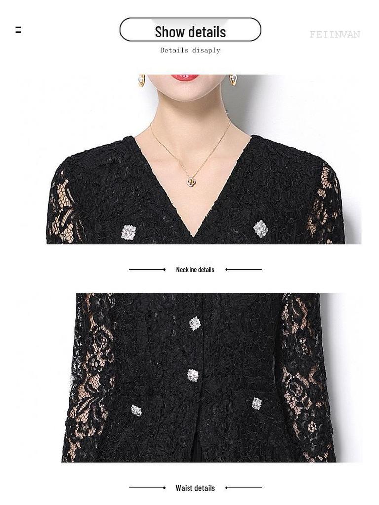 Elegant French V-Neck Lace Dress with Diamond Buckle and Pleated Skirt