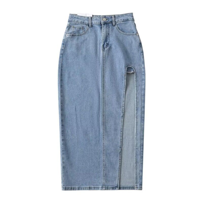 

Fashion Style 2023 New Arrival Women s Clothing Slim Looking Easiest for Match High Waist Stretch Side Slit Mid-Length Denim Skirt Light Blue L