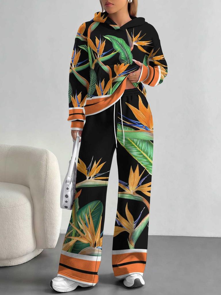 European and American Autumn/Winter 1116 Casual Vintage Floral Long-Sleeve Set, Women's Hoodie Sweatshirt and Long Pants Two-Piece Set