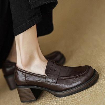 Dickes Quadrat mit 6 cm Einzelschuh Damen Vintage Französisch Schaffell Loafer Vintage hochhackige kleine Lederschuhe