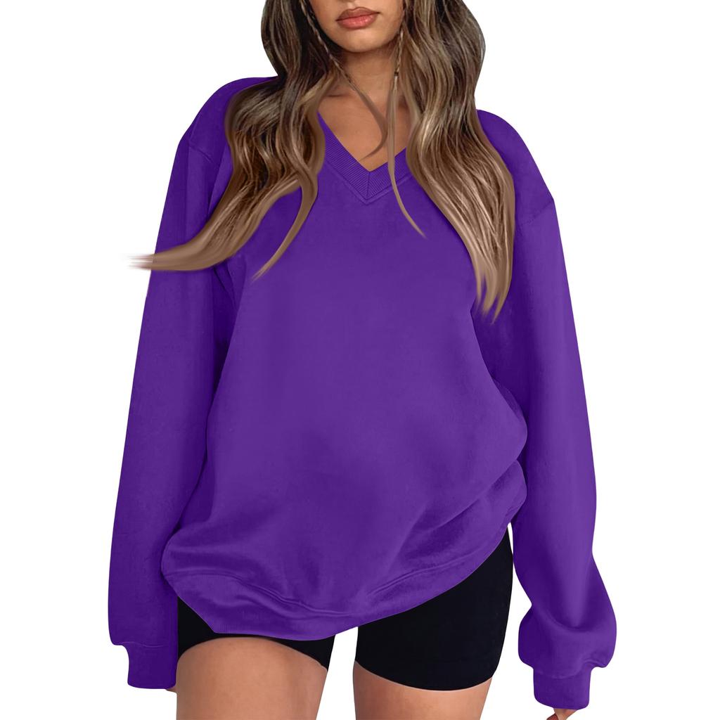 Women's Long Sleeve V-Neck Sweatshirt Color Casual Pullover Top