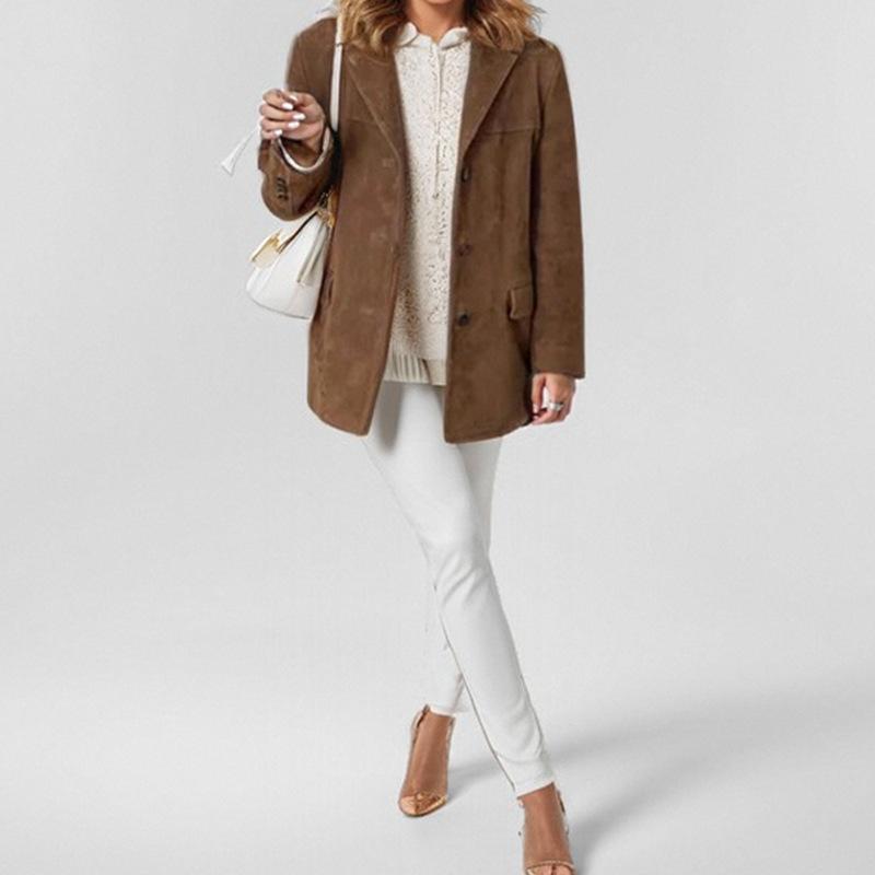 Vintage Wildleder Jacken Frauen Casual Lose Revers Einreiher Blazer Weibliche Herbst Mode Lange Ärmeln Braun Outwear Dame