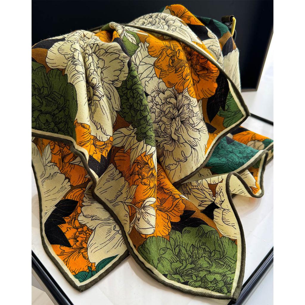 1116 Spring and Summer New Silk Wool Mixed Imitation Chinese Square Scarf Silk Scarf Sunscreen Headscarf Versatile Neck Protection Woman