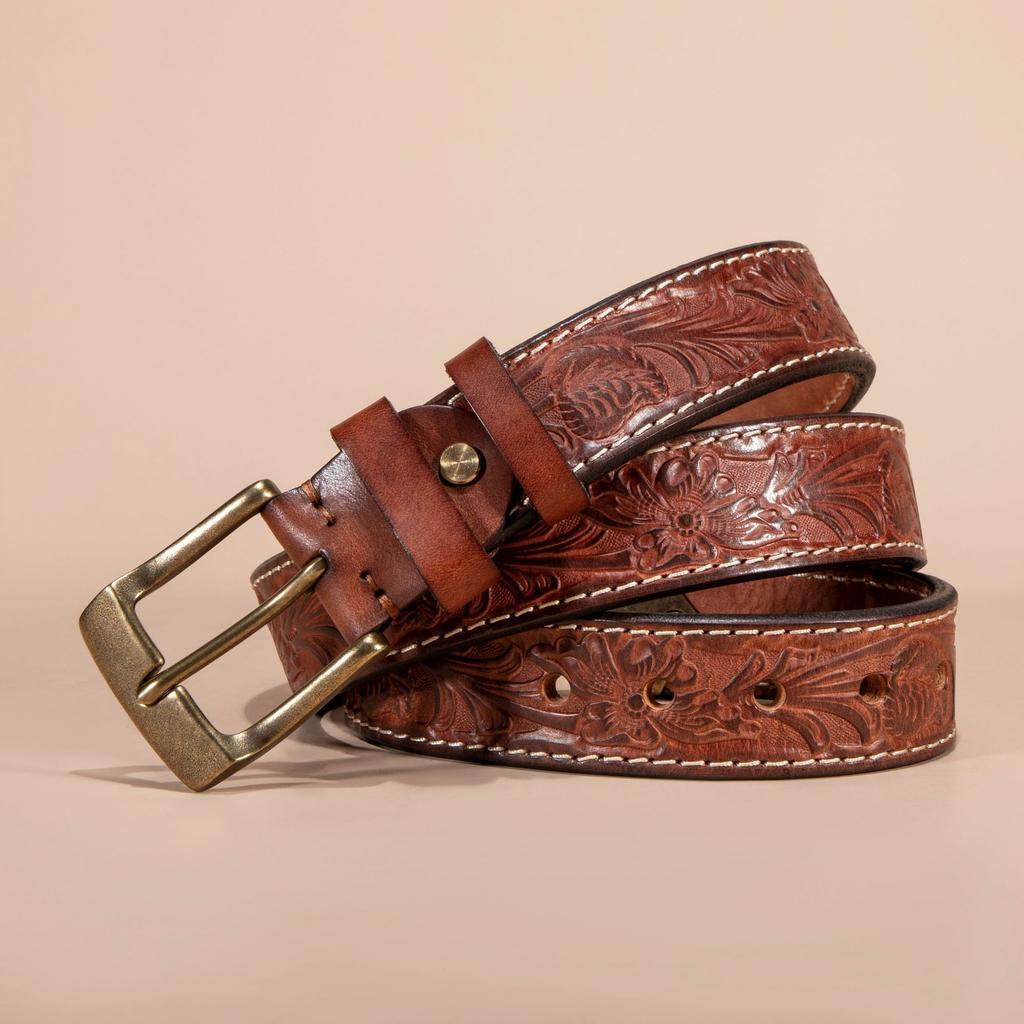 Retro Trend Embossed Belt Men's Genuine Leather Copper Buckle First Layer Cowhide Belt