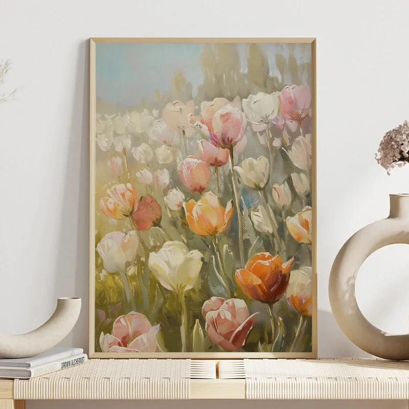Colorful Spring Tulip Meadow Floral Grass Landscape Wall Art Poster Canvas Painting Pictures Rustic Farmhouse Office Home Decor