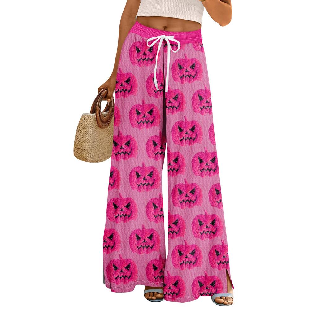 Women Summer Boho Palazzo Pants High Waist Wide Leg Halloween Printing Casual Trousers With Pockets