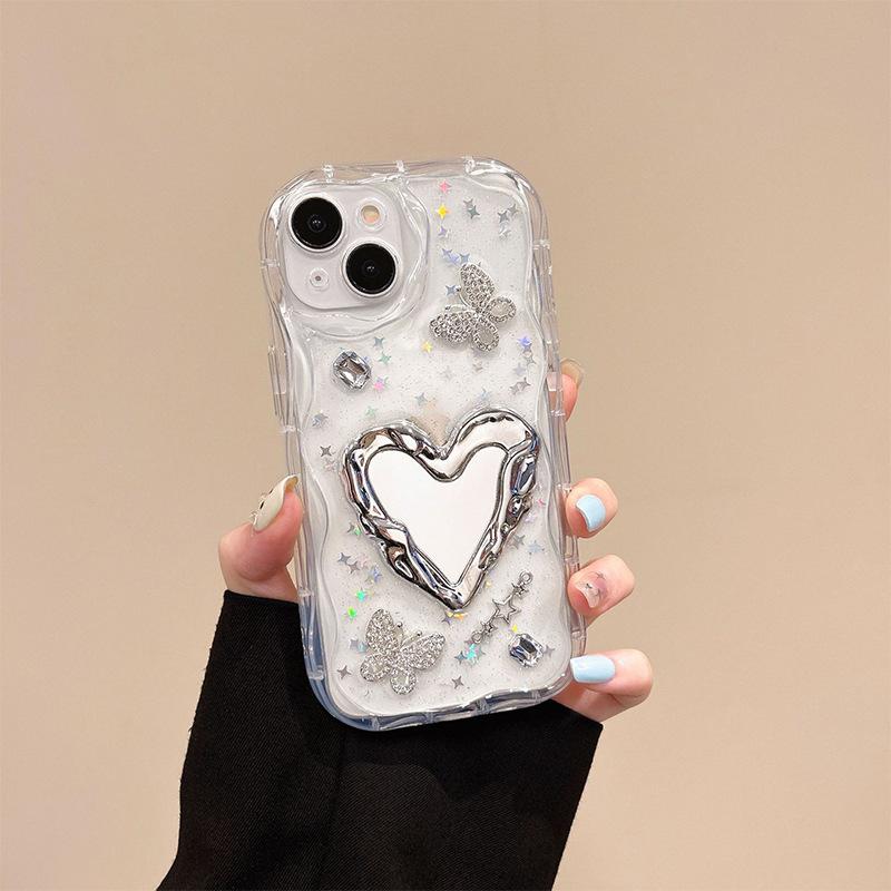 For Apple 17promax Phone Case 15 Love Touch Up Mirror for IPhone 16 Mirror Butterfly Rhinestone 13 Glitter Powder