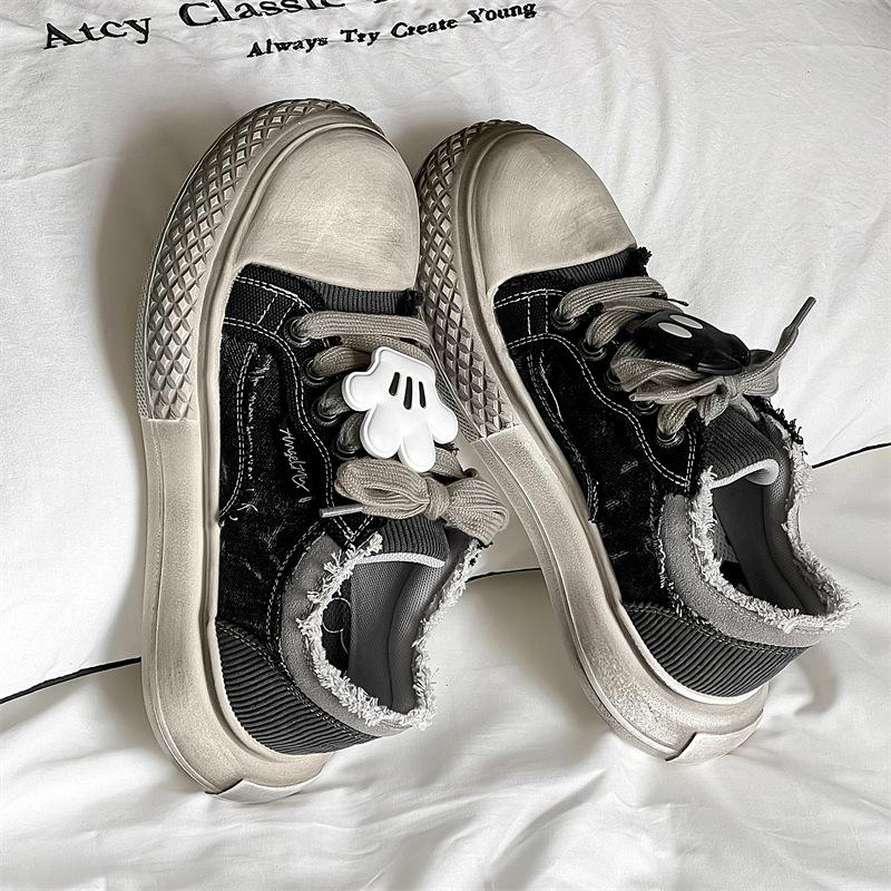 Dark Mickey Canvas Shoes Women's New Versatile Sports and Leisure Board Shoes Heightened Thick-soled Ugly Cute Big Head Shoes