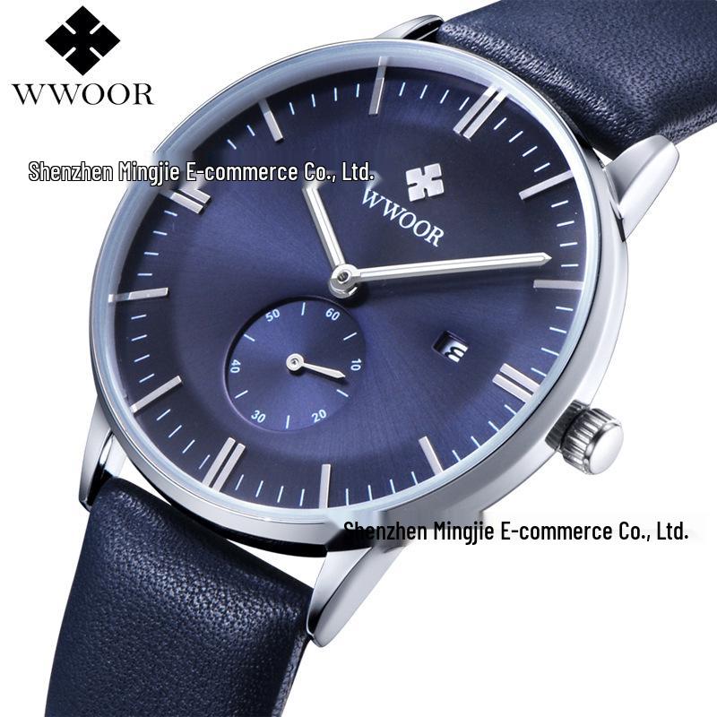 WWOOR 8808 Men's Quartz Watch - Waterproof, Leather Strap, Calendar Feature, Business Style