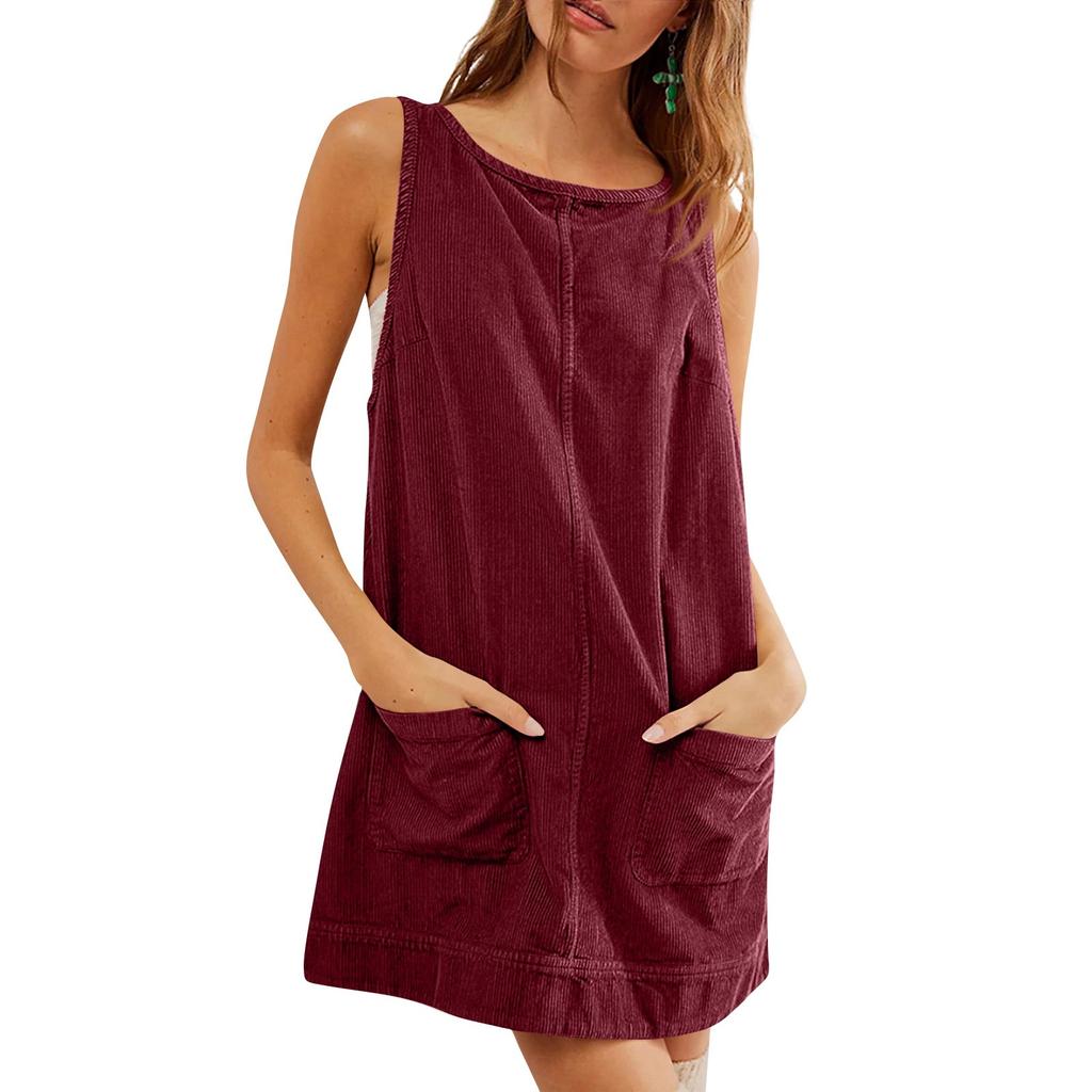 Women's Fashion Corduroy Solid Color Round Neck A Line Vest Dress Pinafore With Pockets