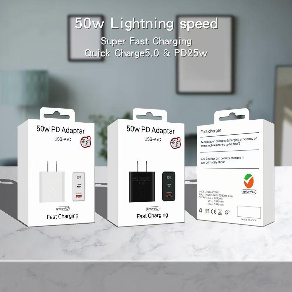 50W Dual-Port Charger, Compatible with Samsung, Huawei, and Apple Phones, PD Fast Charging Adapter for EU/US/UK Standards.