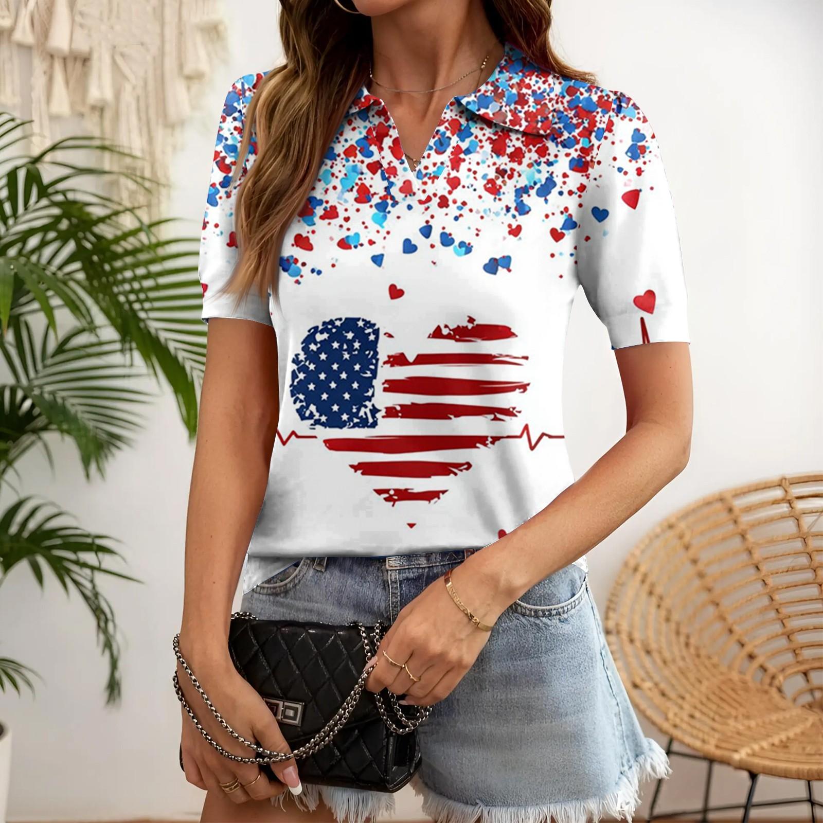 Women V Neck Casual Short Sleeve Shirt Independence Day Star Print Lightweight Loose Fit Top for Summer M белый