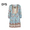 Damen-Boho-Kleid mit Blumenmuster, lässig, langärmelig, fließend, kurzes Kleid, lockerer V-Ausschnitt, Knopfleiste, A-Linien-Kleid, Mini-Strand-Sommerkleid