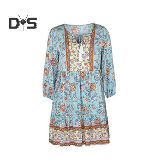 Damen-Boho-Kleid mit Blumenmuster, lässig, langärmelig, fließend, kurzes Kleid, lockerer V-Ausschnitt, Knopfleiste, A-Linien-Kleid, Mini-Strand-Sommerkleid