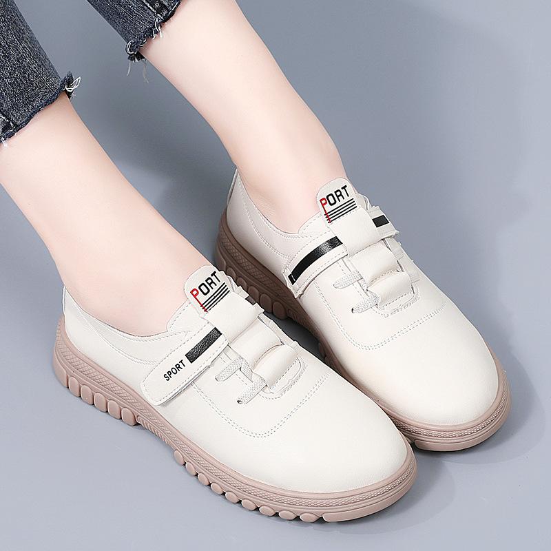 Flat-soled Leather Shoes for Women In Spring and Autumn New Elastic Single Shoes Versatile and Fashionable Velcro White Shoes