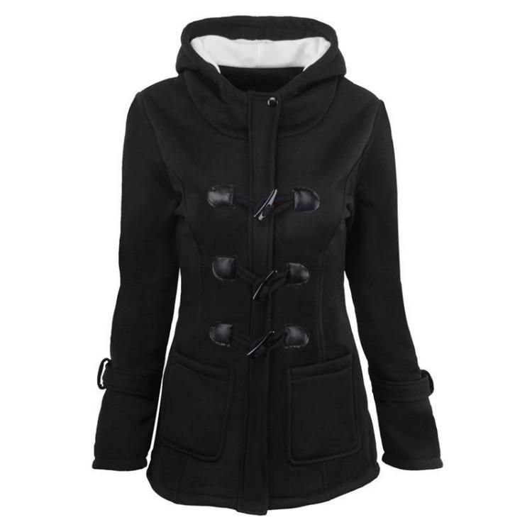 Winter Women Coat Hooded Thick Cotton Blend Jacket Cow Horn Button Autumn