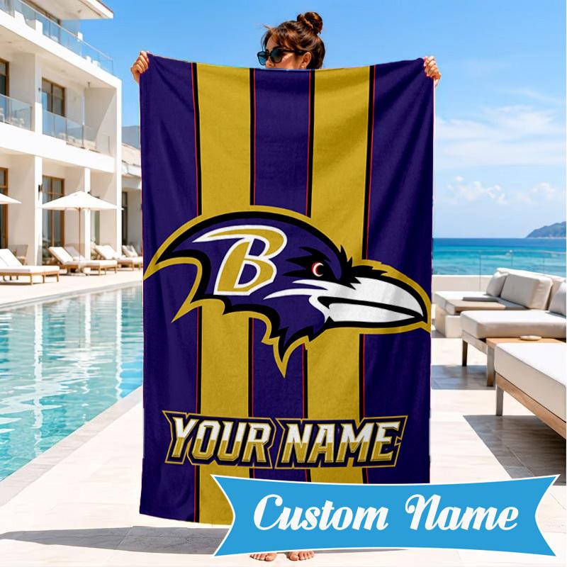 Custom Name Football Ravens Logo Personalized Microfiber Beach Towel, Quick-Dry, Ideal for Summer Travel, Beach Essential, Swimming