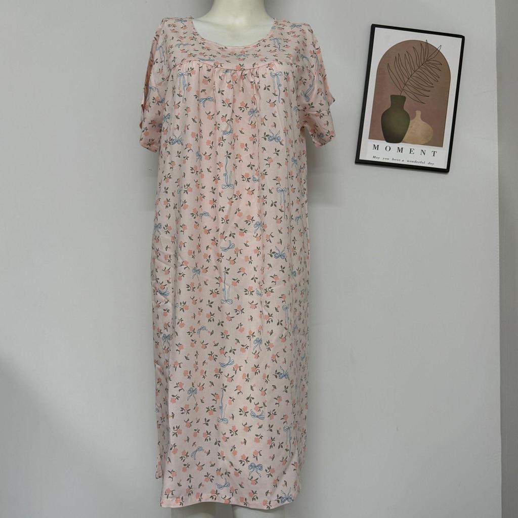 Women's Cotton Silk Short Sleeve Nightgown - Spring/Summer, Breathable, Comfortable, Lazy Style