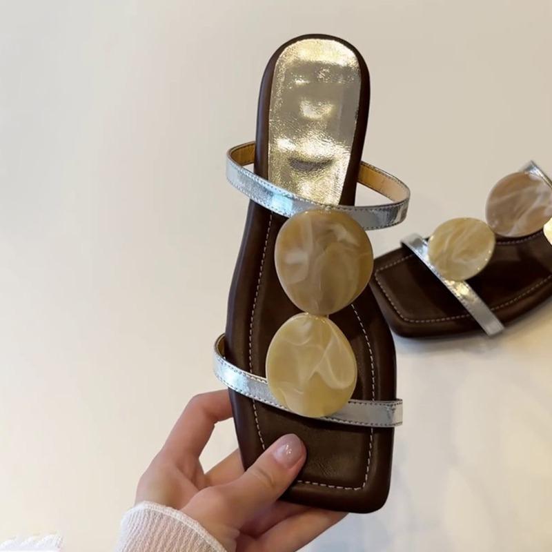 Sheepskin niche thick-heeled slippers women's wear square head temperament high heels beach cool slippers