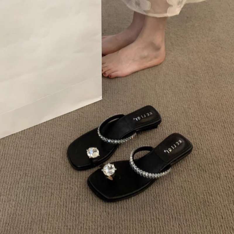 Spring and summer 2025 new rhinestone sandals outer wear women's shoes low heel square head cover toe fairy style with skirt sandals