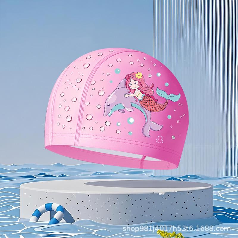 Comfortable Waterproof PU Swim Cap for Kids with Cartoon Print & Hair Protection