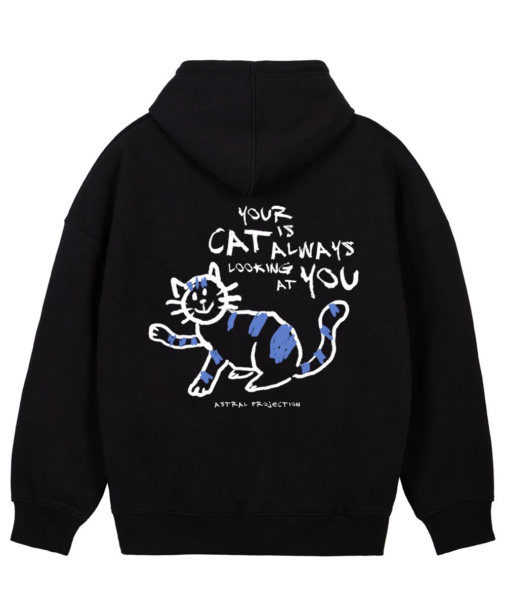 Astral Projection Doodle Cat Oversized Wide Shoulder Hoodie_Black L