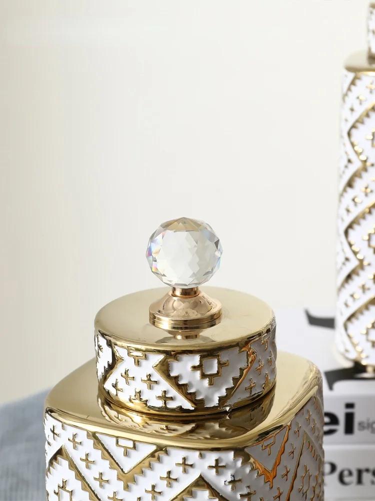 Keramik Kristall Dekorative Dose Schachmatt kann Geometrische Goldene Reliefdosen Vorratsbehälter Vase Aufbewahrungsbehälter Heimdekoration