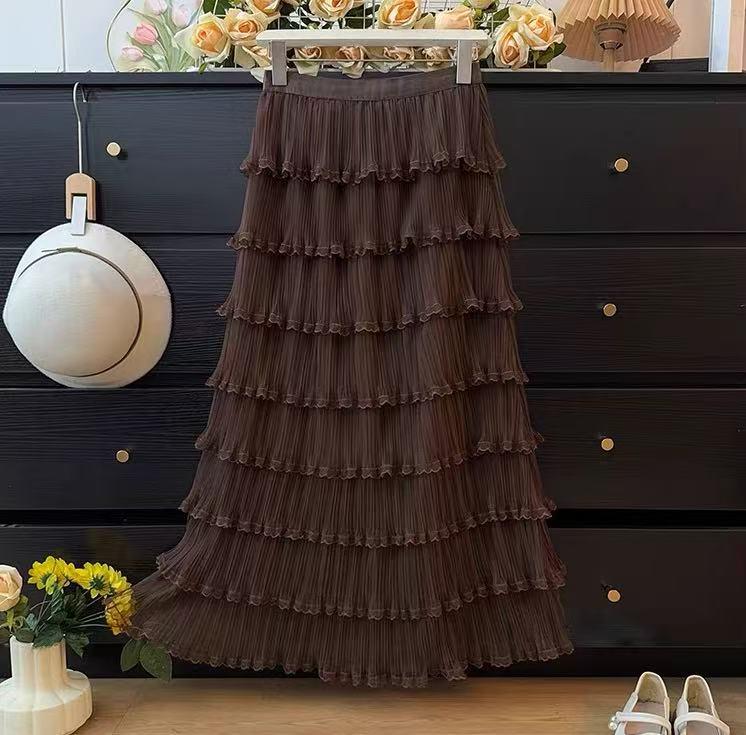 

Elegant Autumn Layered Mesh Cake Skirt - Women s Slim-Fit Long Fluffy Gauze Umbrella Skirt One Size коричневый