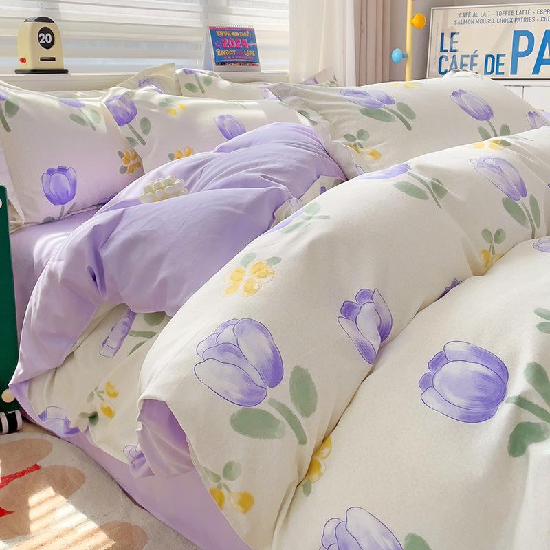 Class A Maternal And Infant Grade Small Fresh Pure Abraded Four-Piece Set Skin-Friendly Bed Sheet Washed Cotton Quilt Cover Student Dormitory 3Pcs Set