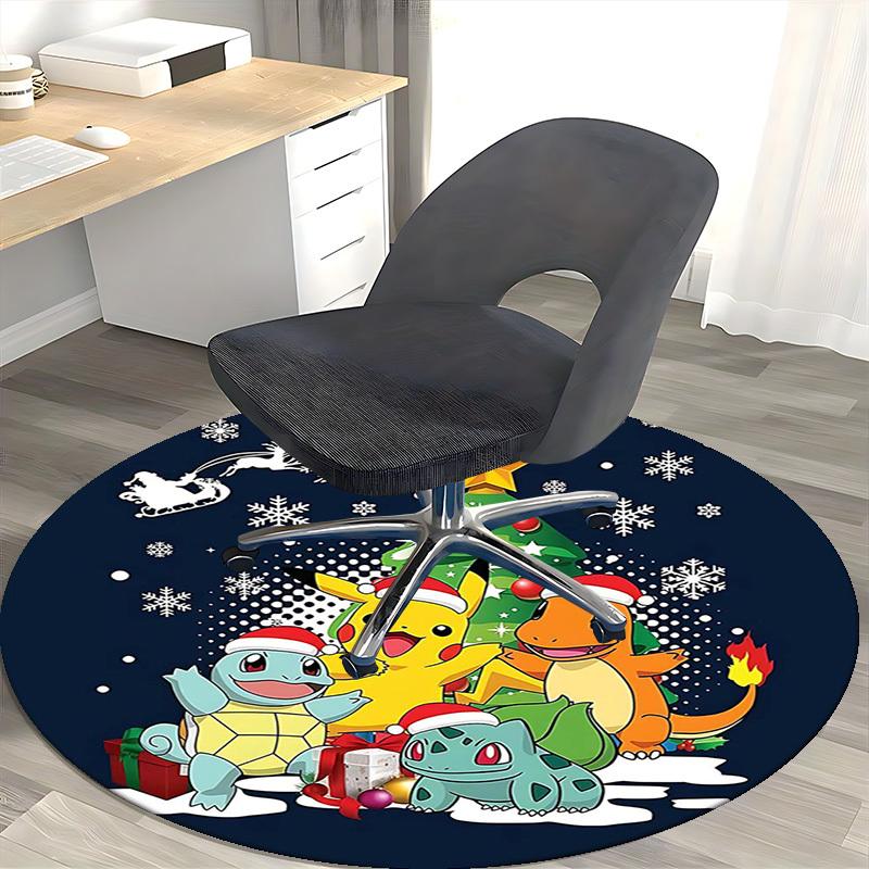 1pc Christmas Pikachu & Friends Round Carpet - Anime Design Office Chair Mat, Non-Slip Rug for Home Decor, Living Room
