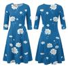 Women's Casual Floral Print Midi Dress Three Quarter Sleeve Round Neck Loose Fit Comfortable Everyday Dress with Pockets