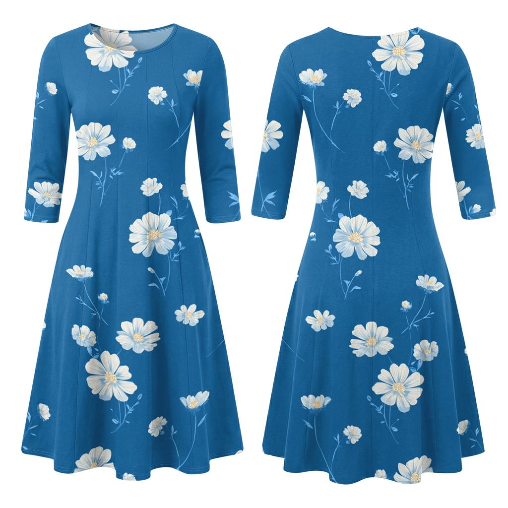 Women's Casual Floral Print Midi Dress Three Quarter Sleeve Round Neck Loose Fit Comfortable Everyday Dress with Pockets