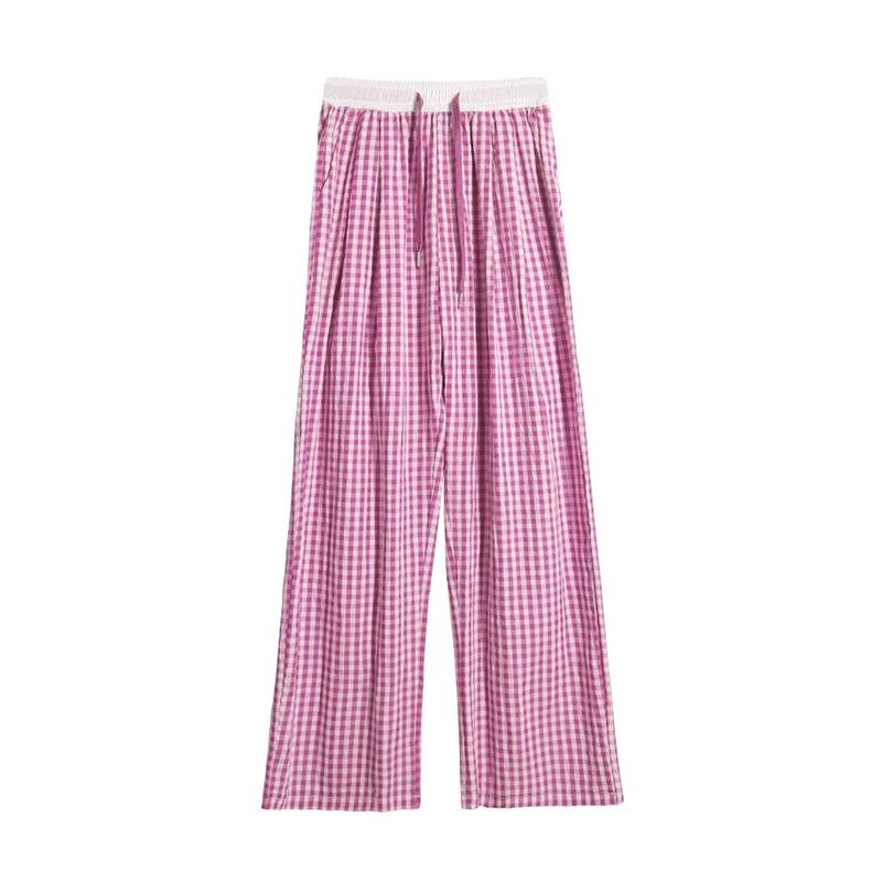 Women's Spring/Summer Pink Plaid Wide-Leg Pants Thin High-Waisted Drapey Straight-Leg Casual Loose Trousers