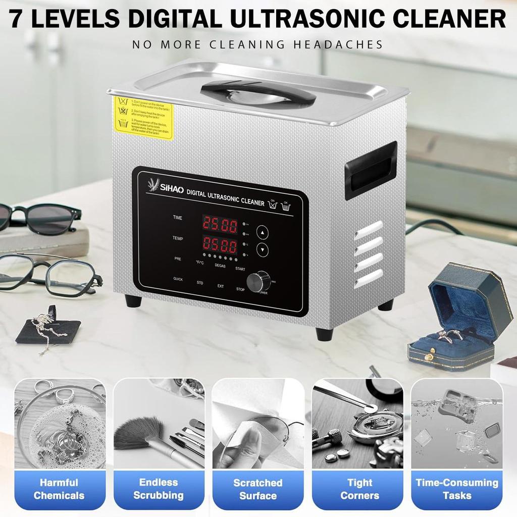 3L/0.8 gal 7 Levels Digital Ultrasonic Cleaner with 100W Heater & Timer, 120W Power, Degas for Jewelry, Glasses, Home Use
