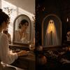 Gothic Interior Accents Halloween Light Up Ghost Mirror, Holding Candle on Spooky Creepy Mirror Decorations Indoor for Wall Table Mantel Room
