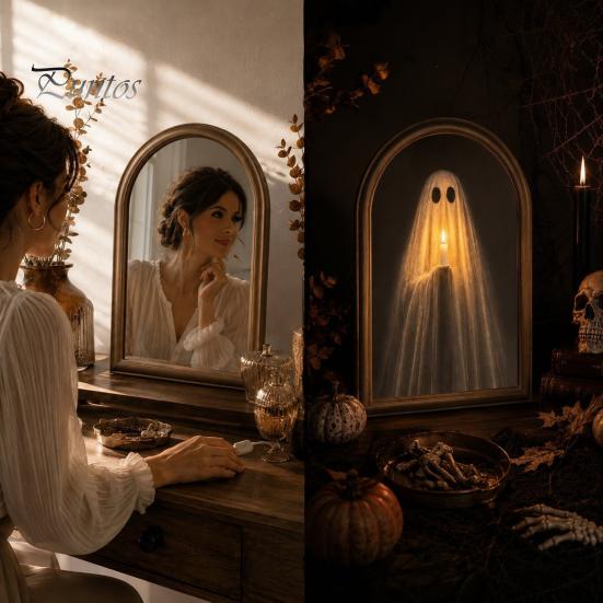 Gothic Interior Accents Halloween Light Up Ghost Mirror, Holding Candle on Spooky Creepy Mirror Decorations Indoor for Wall Table Mantel Room