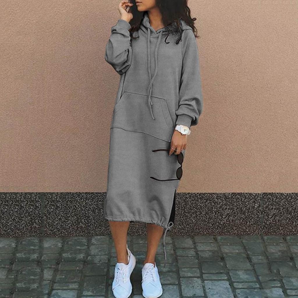 Women's Casual Long Sleeve Hooded Pocket Loose Sweatshirt Dress