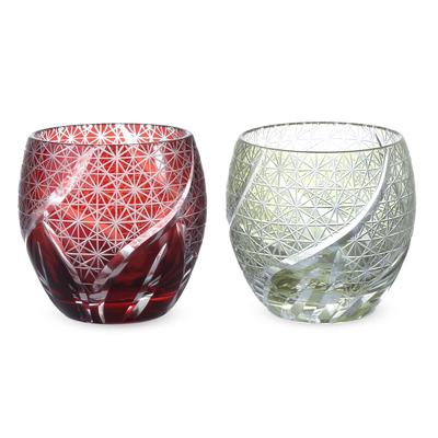 Nostalgia Cut Glass Pair Glass Cups for Japanese Sake 100cc Random Carving Pattern Red Green with Engraved Bottom Current Model J-kitchens Egg-Shaped