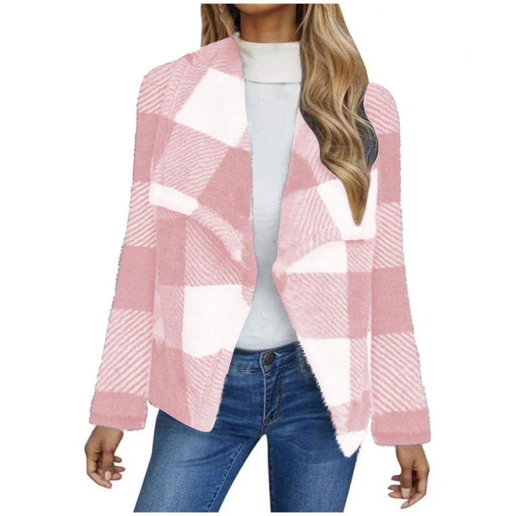 Ladies' Fashionable V Neck Long Sleeved Pocket Color Blocked Cardigan Flannel Warm Sleepwear Jacket