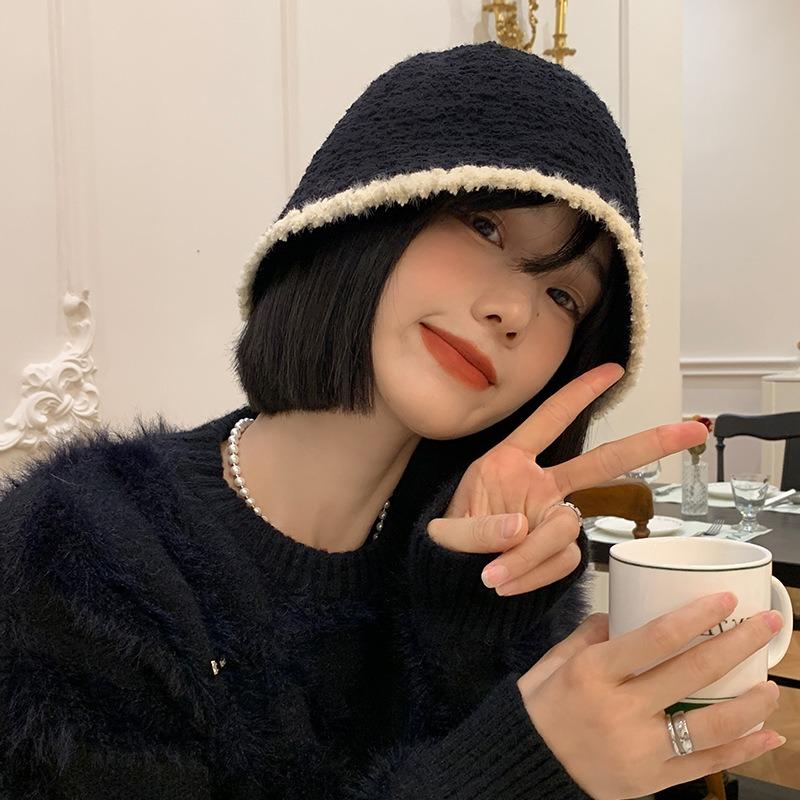 Black knitted plush bucket hat women's autumn and winter new big head circumference bucket hat showing face small hat